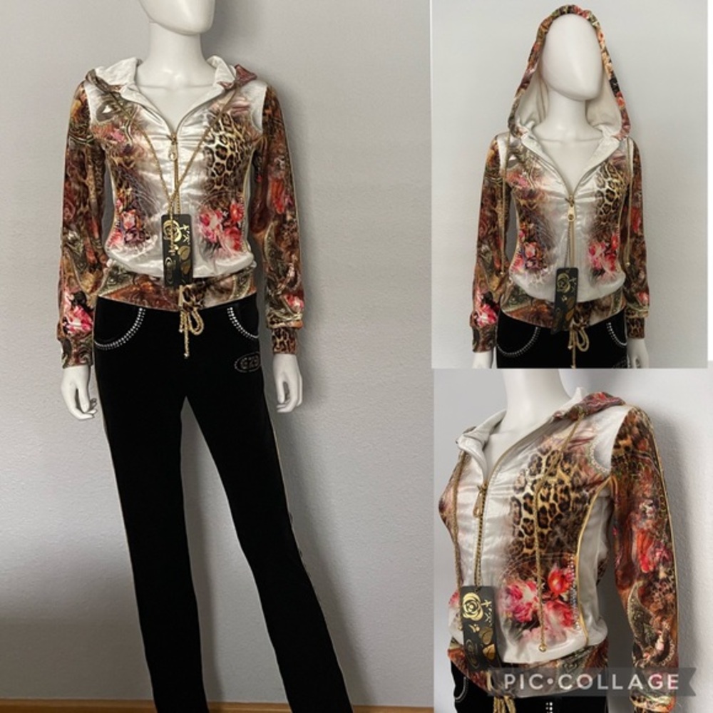 WOMEN VELOUR TRACKSUIT 2PC SET JACKET/BLACK PANTS LOUNGEWEAR HOODED ANIMAL PRINT